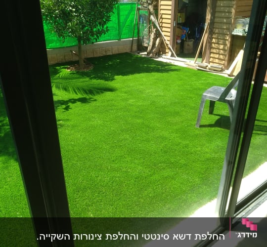 דשא ירוק, עץ, מחסן עם כלי גינון